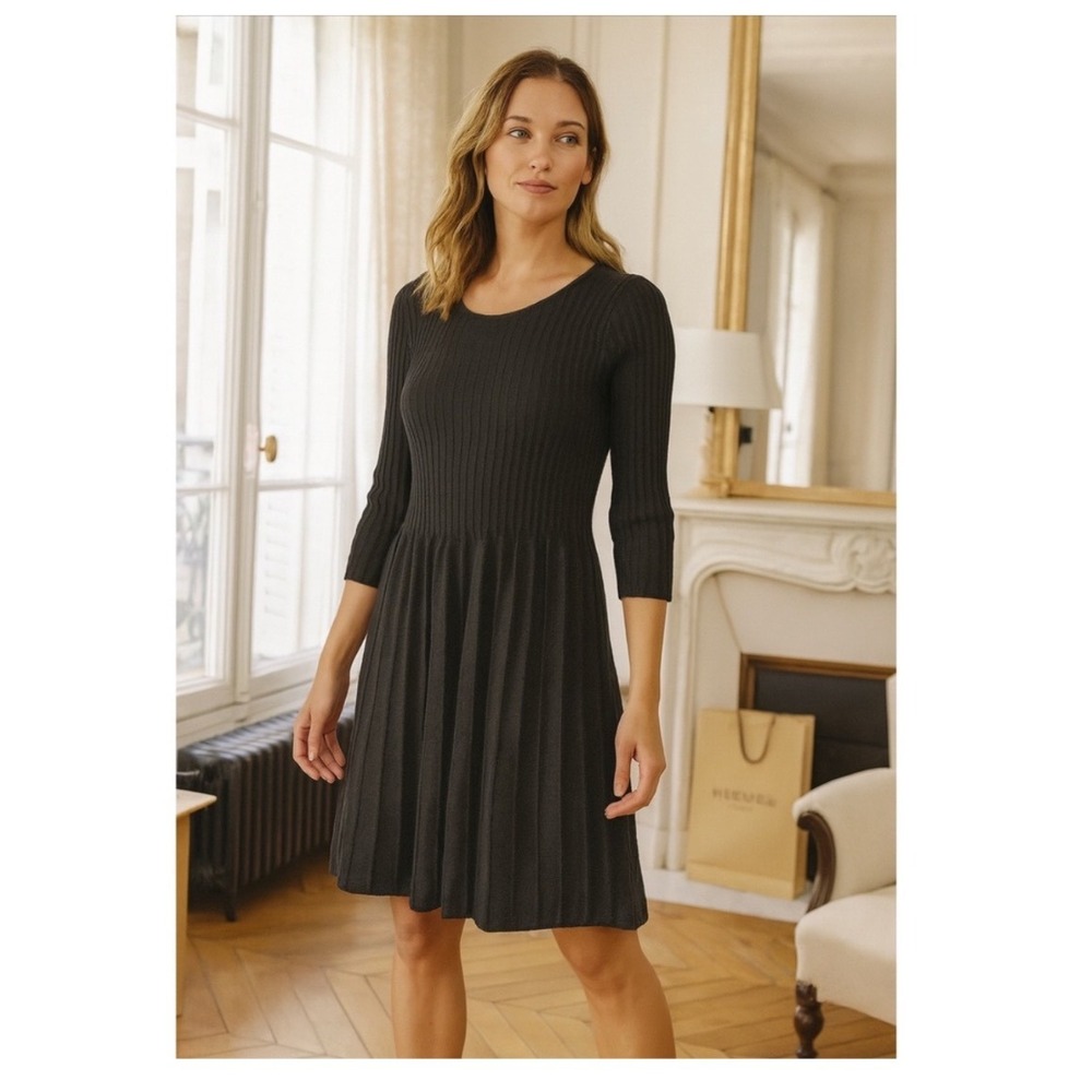 Eileen Fisher Washable Wool Ribbed Knit Dress Knee Length‎ 3/4 Sleeve Gray